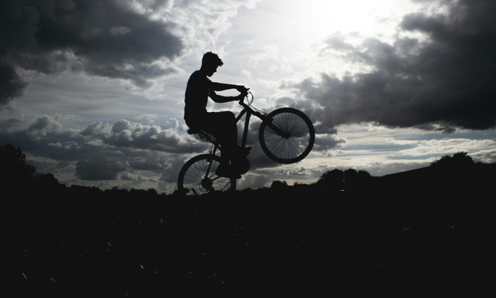 A boy bucks his mountain bike as if it were a horse - or a motorcycle