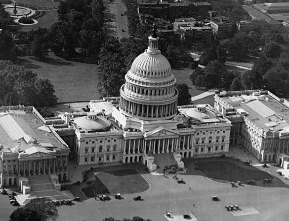 Capitol, aerial view of East Portico from First Avenue Southeast with National Mall in background