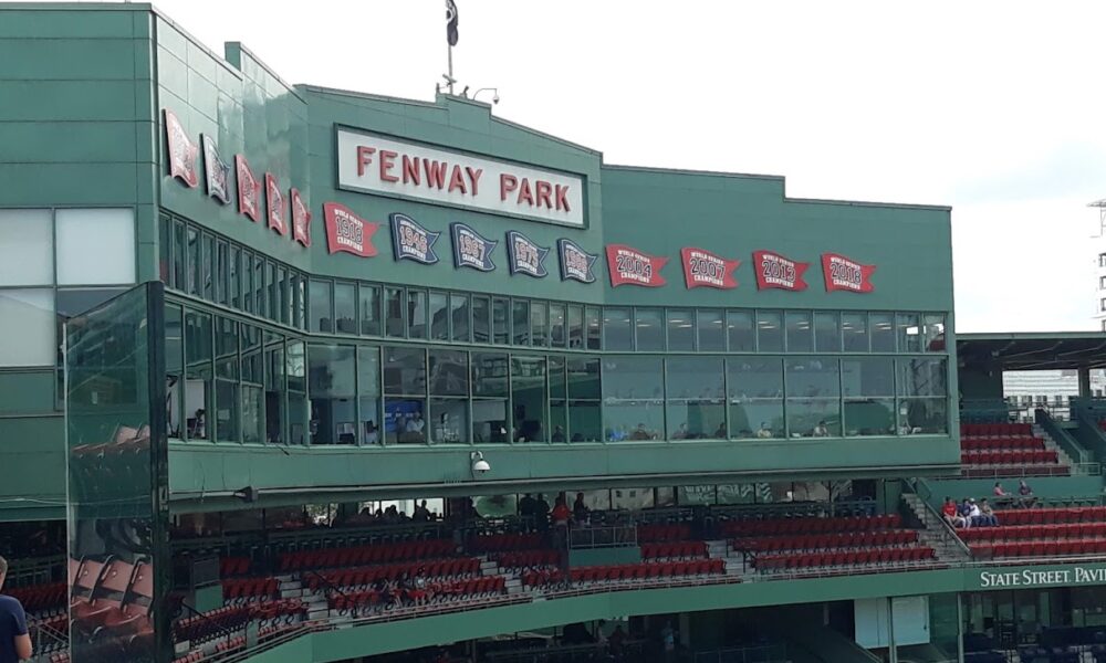 Fenway Park stadium, looking at sky boxes and sport anchor booths