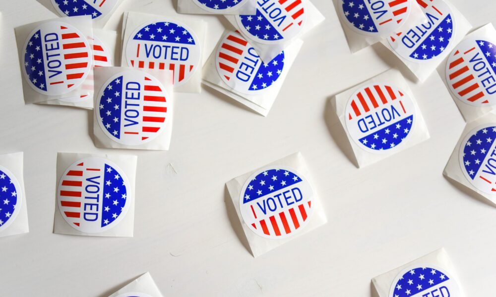 I Voted stickers handed to each voter as he leaves the polling place