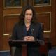 Senator Kamala Harris addresses the chair from her desk in the Senate chamber