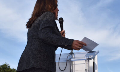 Senator Kamala Harris addresses an outdoor crowd