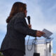 Senator Kamala Harris addresses an outdoor crowd