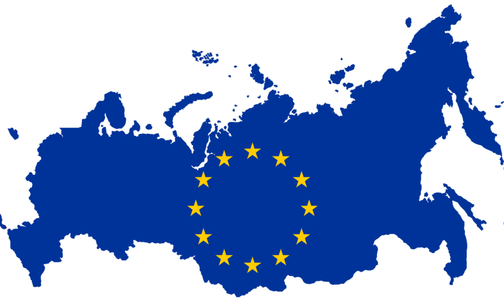 Silhouette of Russia in European Union blue with the ring of stars