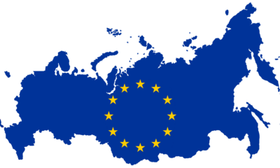 Silhouette of Russia in European Union blue with the ring of stars