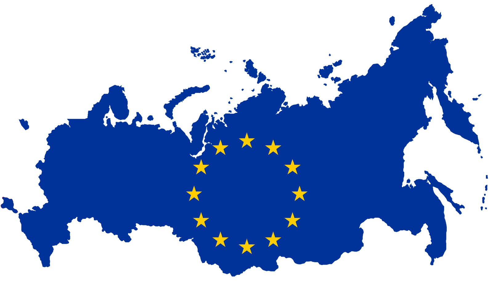 Silhouette of Russia in European Union blue with the ring of stars