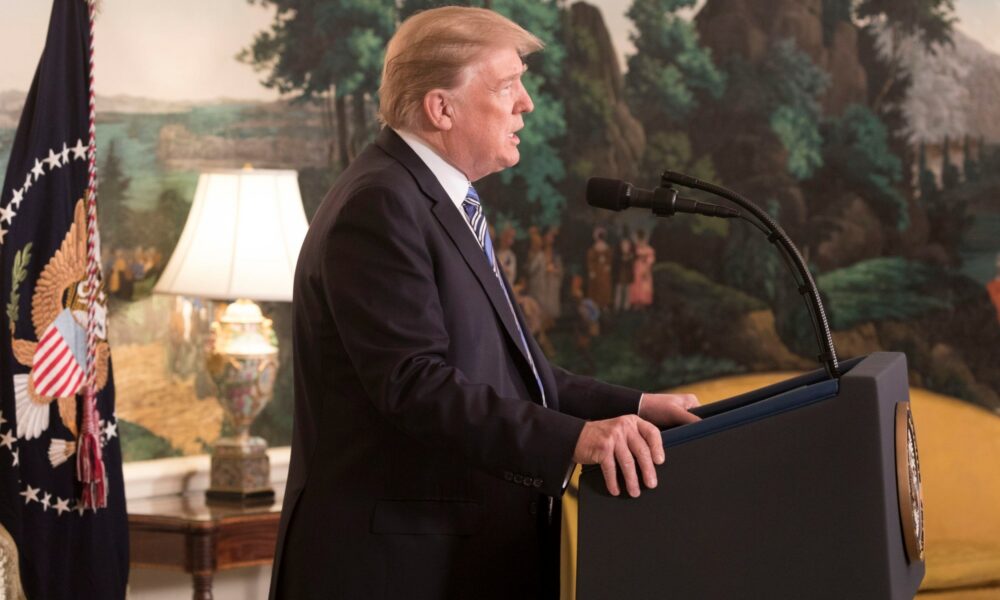 Trump speaking in open air right profile