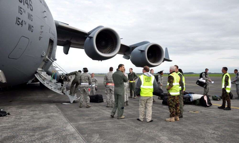 Unloading a USAF C-17 Globemaster III, currently the largest jet cargo transport the Air Force uses.