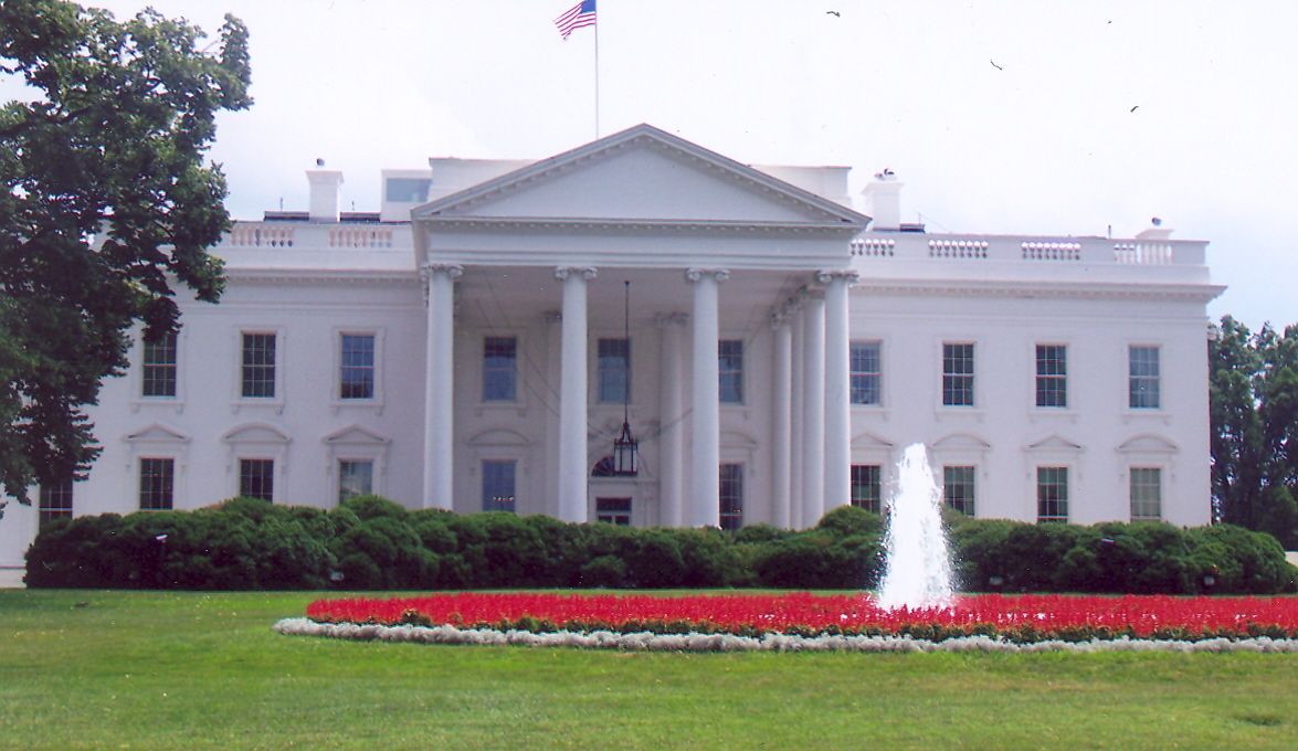 The White House, showing Rose Garden and fountain in close-up