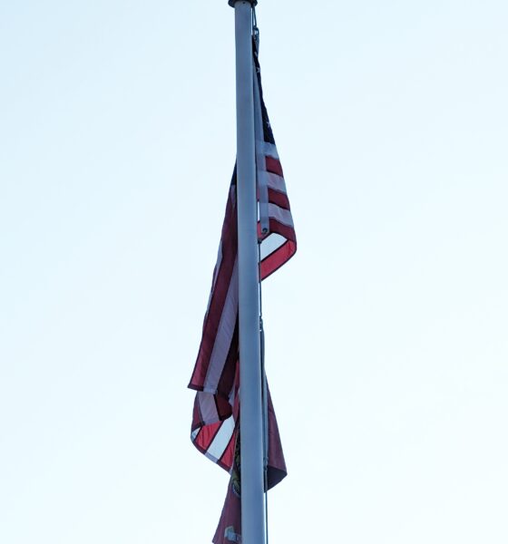 American flag hanging limp on poll in Arlington, Massachusetts