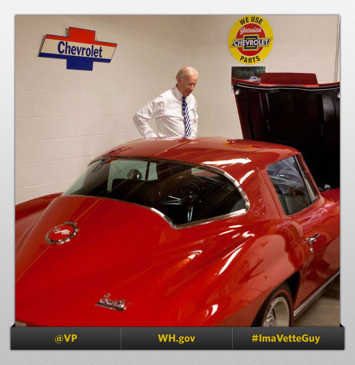 Joe Biden with a Chevrolet Corvette in a garage - 2013 #ImaVetteGuy