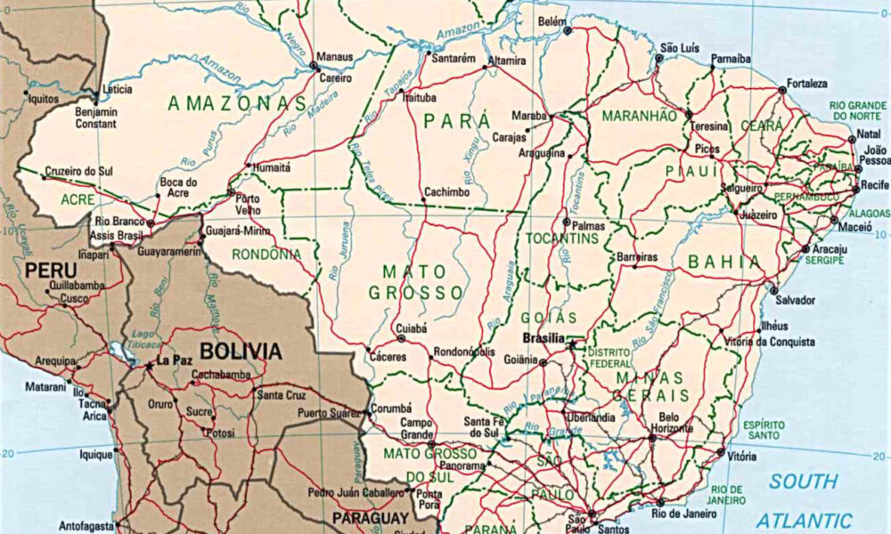 Brazil political map showing major highways, railroads, and rivers