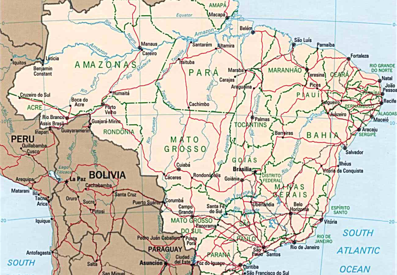 Brazil political map showing major highways, railroads, and rivers