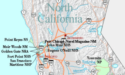 California partial northern road map with military bases marked.