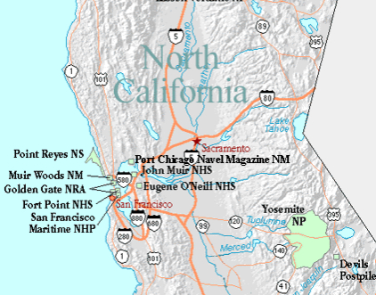 California partial northern road map with military bases marked.