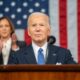 Joe Biden delivers the 2024 State of the Union address as Kamala Harris looks on