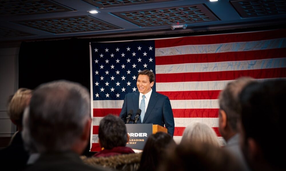 Governor Ron DeSantis of Florida addresses a crowd on Staten Island, part of New York City