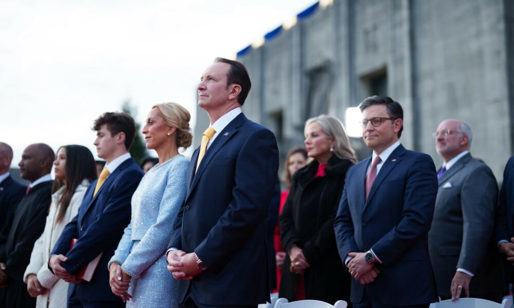 Louisiana inaugurates a new Governor - Jeff Landry, former Attorney General - while Rep. Mike Johnson, Speaker of the House, looks on.