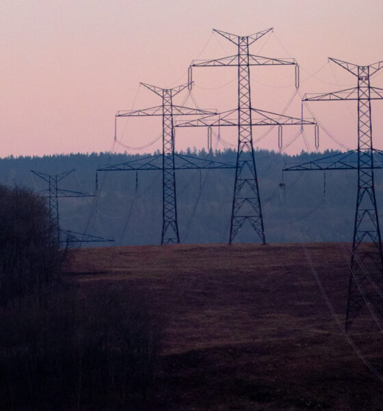 High-tension power lines dangling from their towers at sunset.