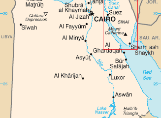 Map of Egypt showing Sinai Peninsula southwest of Israel