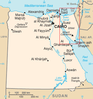 Map of Egypt showing Sinai Peninsula southwest of Israel