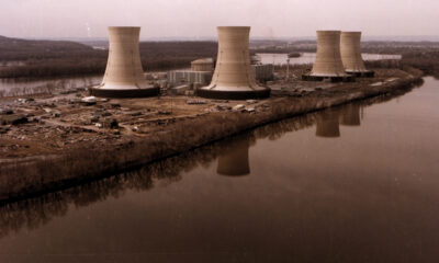 Three Mile Island, showing the containment building and four cooling towers of the nuclear power plant that bears the island's name