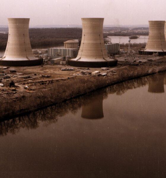 Three Mile Island, showing the containment building and four cooling towers of the nuclear power plant that bears the island's name