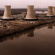 Three Mile Island, showing the containment building and four cooling towers of the nuclear power plant that bears the island's name