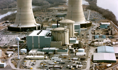 Three Mile Island, showing the two Units and two of the cooling towers.