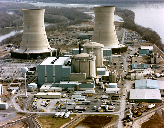 Three Mile Island, showing the two Units and two of the cooling towers.