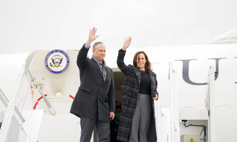 Vice-President Kamala Harris and Second Gent Doug Emhoff prepare to board the C-35 that serves as Air Force Two