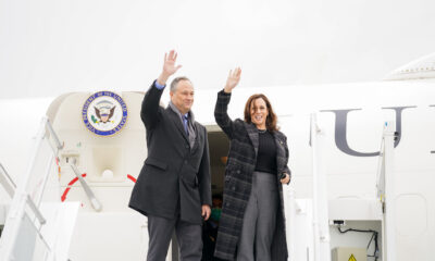 Vice-President Kamala Harris and Second Gent Doug Emhoff prepare to board the C-35 that serves as Air Force Two