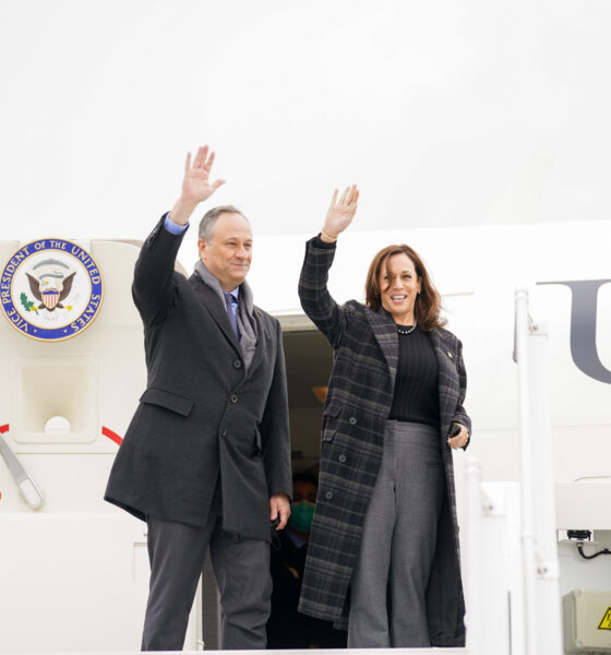 Vice-President Kamala Harris and Second Gent Doug Emhoff prepare to board the C-35 that serves as Air Force Two