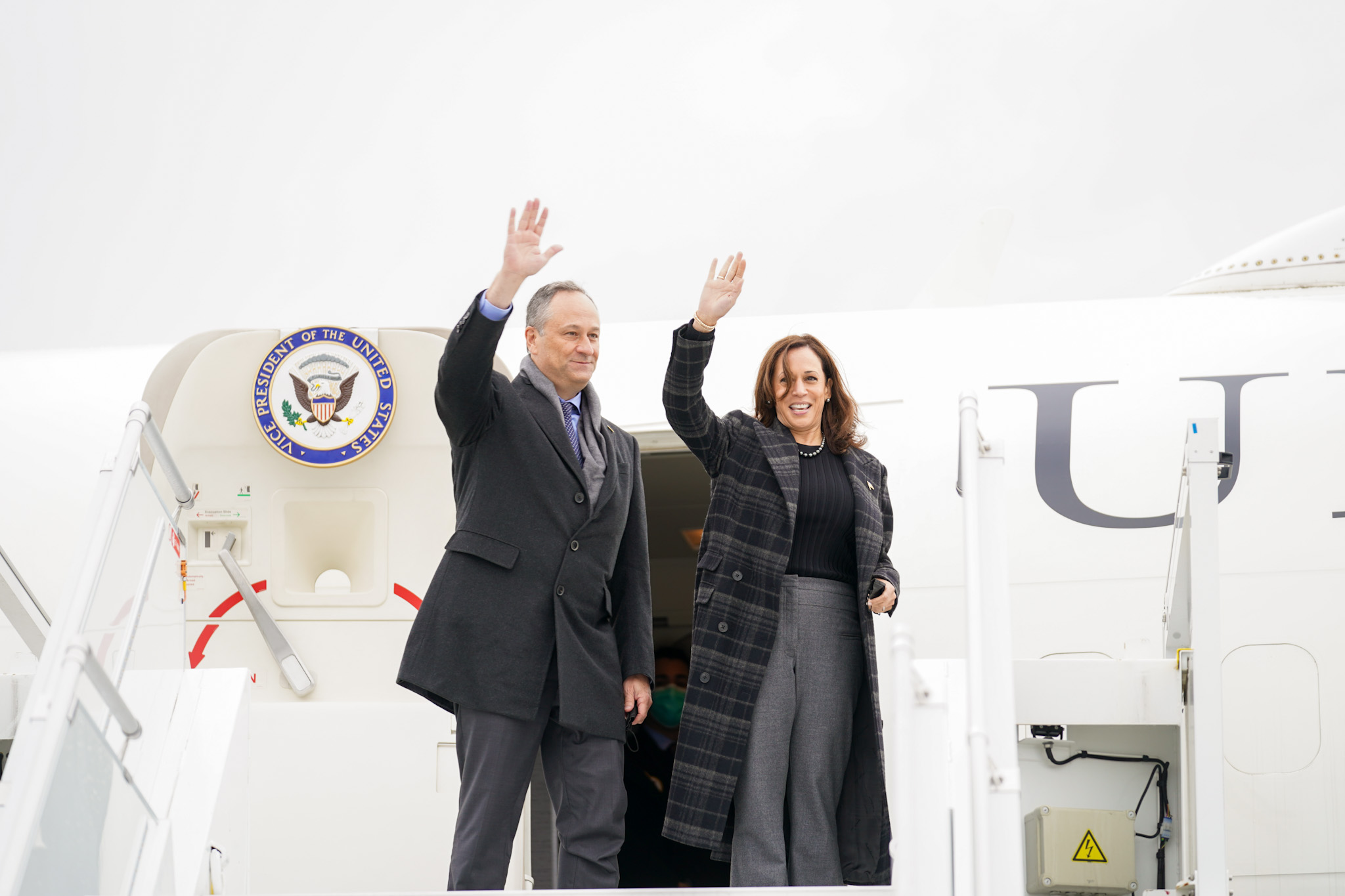 Vice-President Kamala Harris and Second Gent Doug Emhoff prepare to board the C-35 that serves as Air Force Two