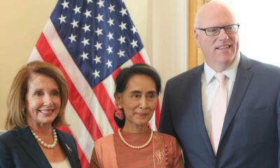 Nancy Pelosi greets Burmese activist Aung San Suu Kyi