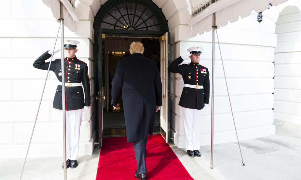 President Donald Trump enters the Diplomatic Receiving Room of the Whoute House on 17 March 2017