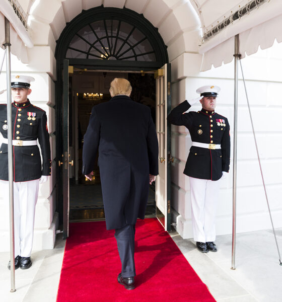 President Donald Trump enters the Diplomatic Receiving Room of the Whoute House on 17 March 2017