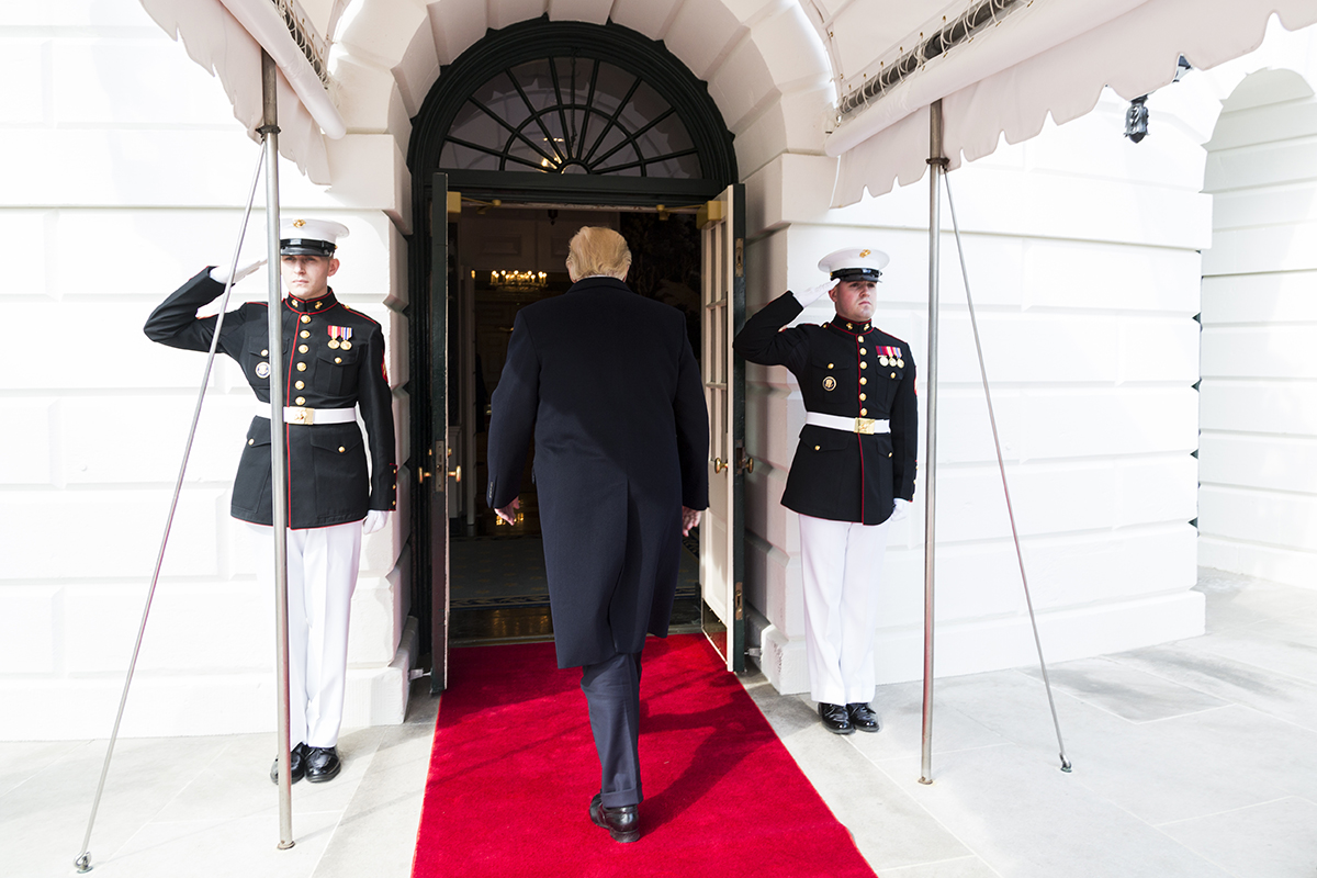 President Donald Trump enters the Diplomatic Receiving Room of the Whoute House on 17 March 2017