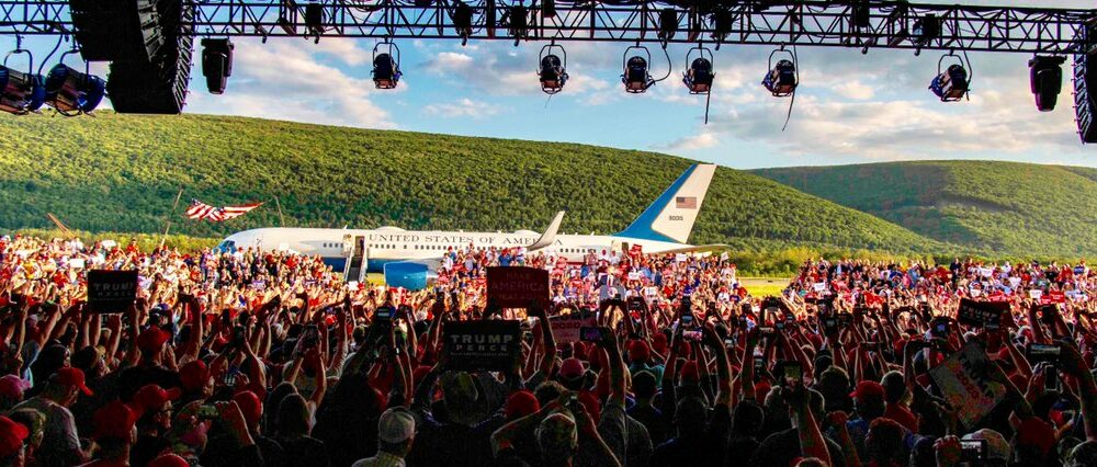 President Donald Trump holds a rally in Montoursville, Pennsylvania - with the special Presidential transport ("Air Force One") in the background