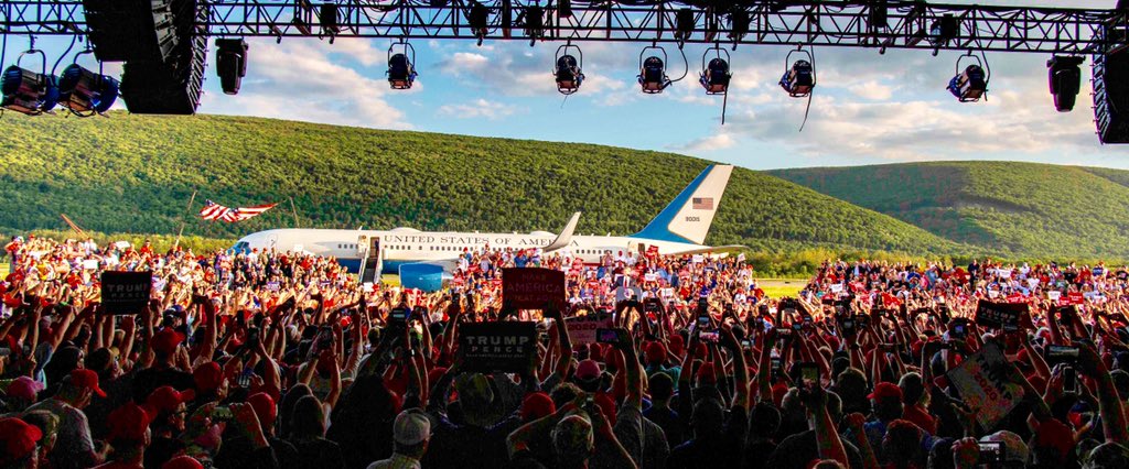 President Donald Trump holds a rally in Montoursville, Pennsylvania - with the special Presidential transport ("Air Force One") in the background