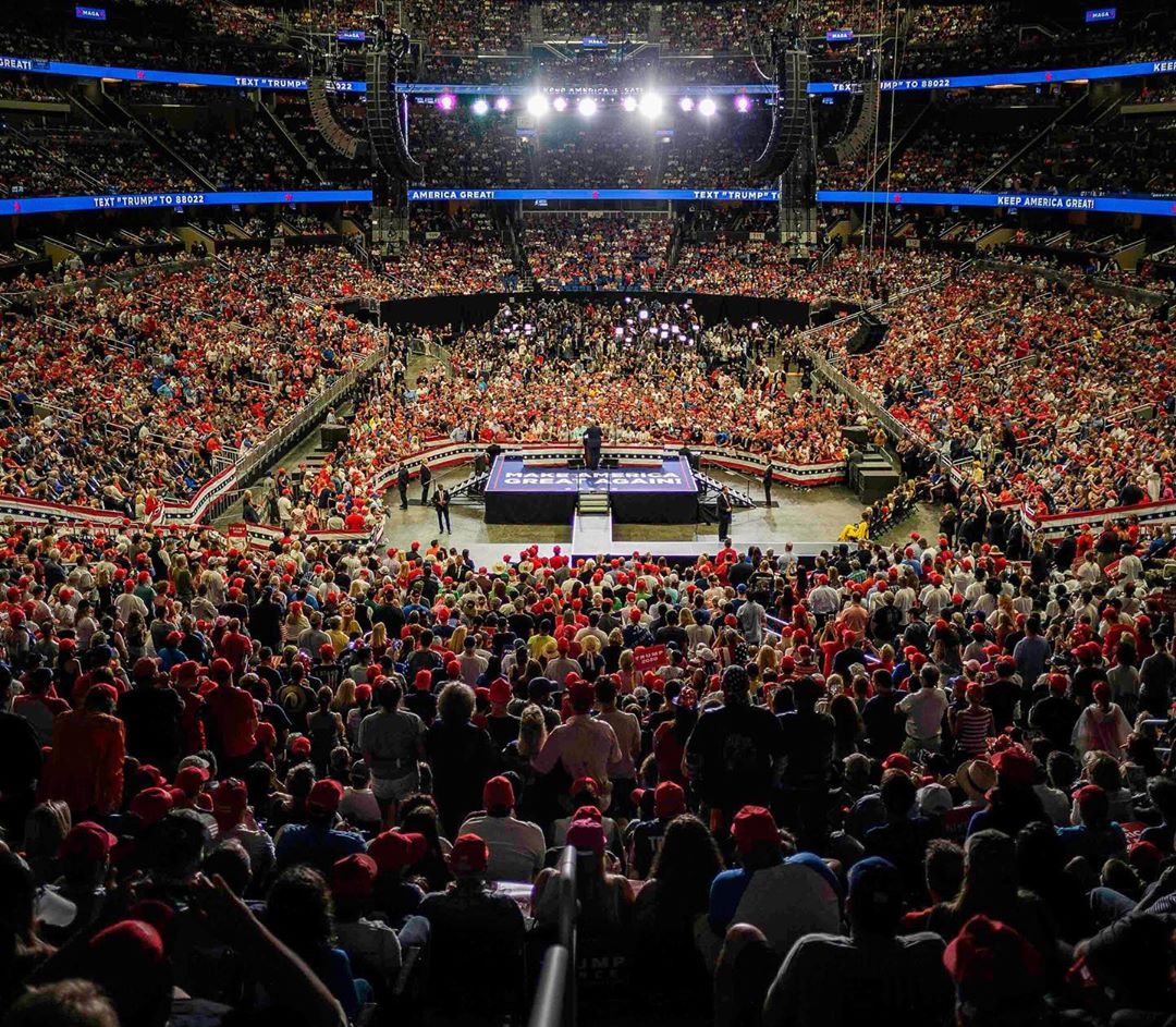 Trump holds a rally in Orlando Square, to a packed house, filling two wraparound mezzanines. Photo by Dan Scavino.