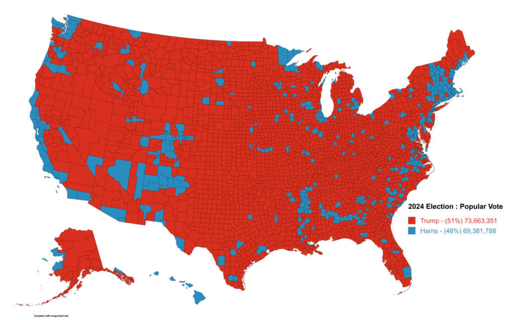 Election of 2024 map showing results by county