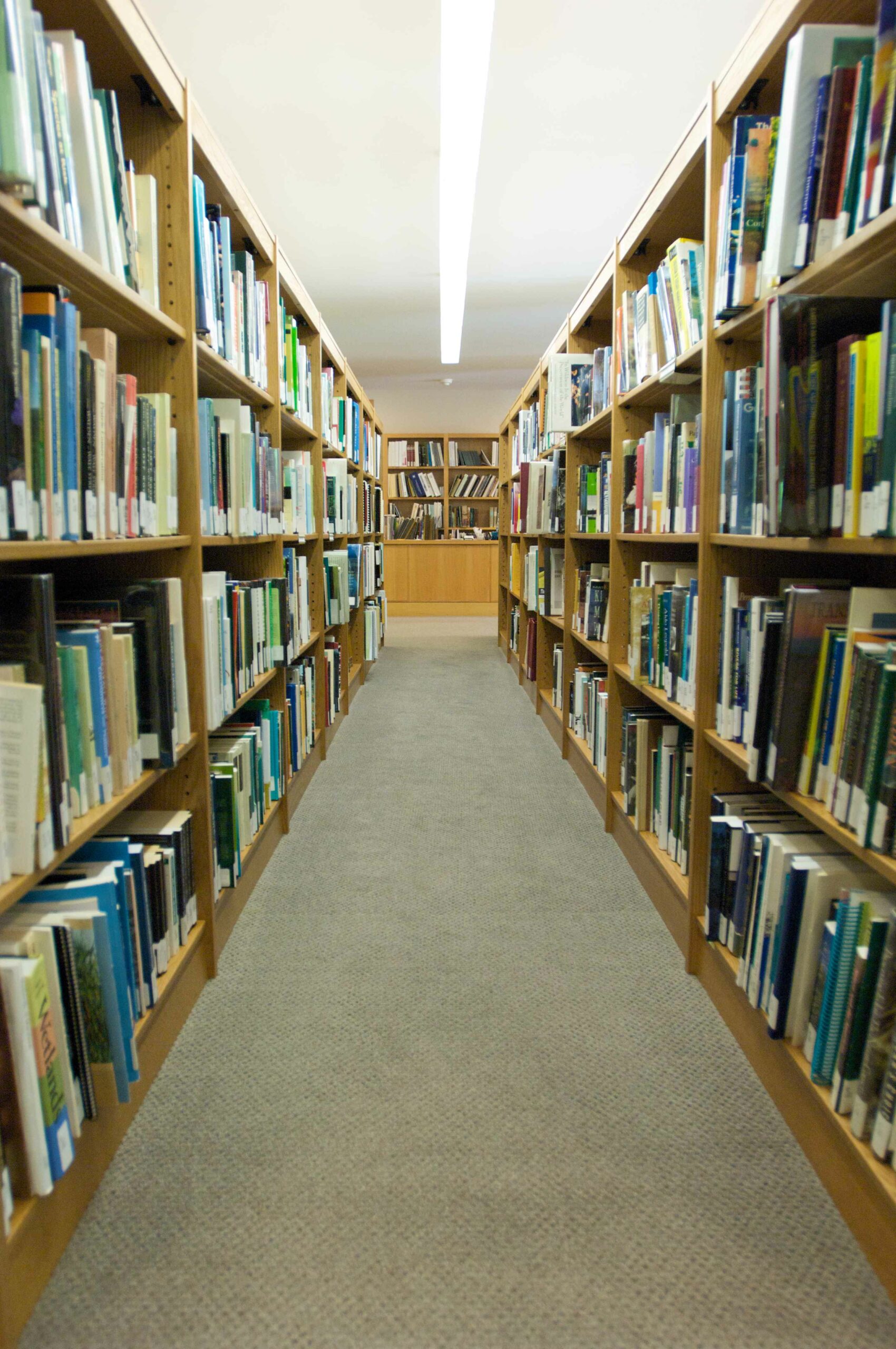 Library bookshelves, looking toward the reference desk