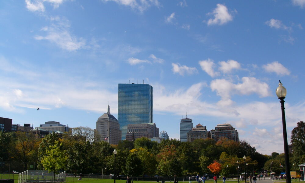 Boston skyline looking from parkland near the Charles River