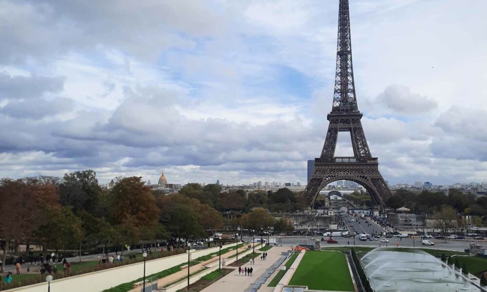 The Eiffel Tower at the end of the Place de la Concorde in Paris, France