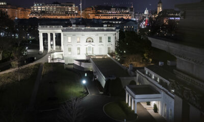 The White House and the West Wing, aerial view looking down Pennsylvania Avenue toward the Capitol