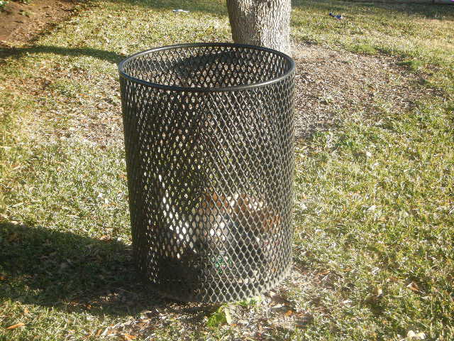 A trash can in a public park