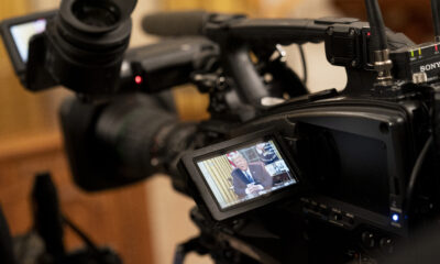 Camera monitor showing President Donald Trump addressing the nation