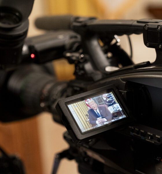 Camera monitor showing President Donald Trump addressing the nation