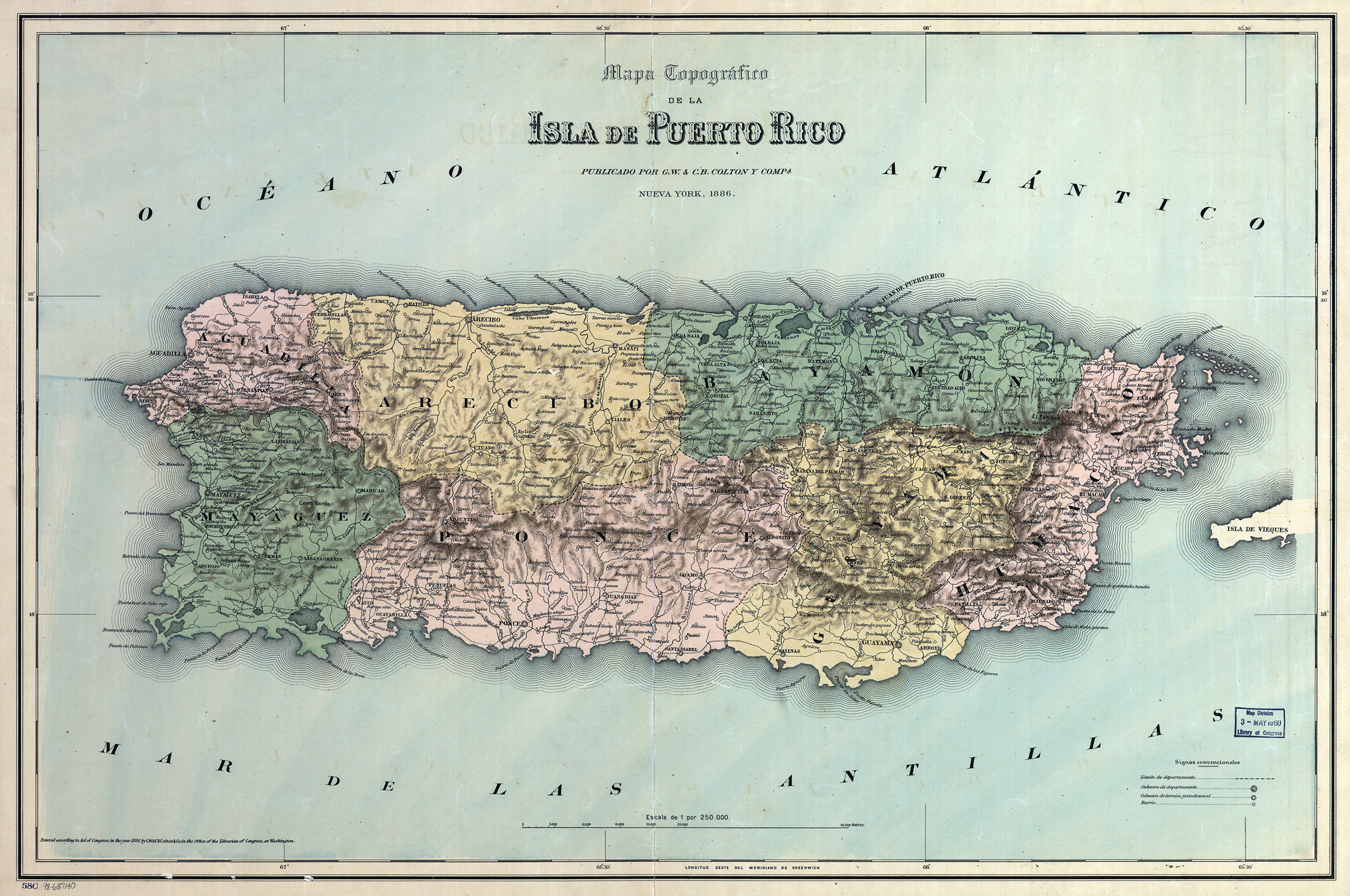 Puerto Rico 1886 map showing its political subdivisions or "departments"